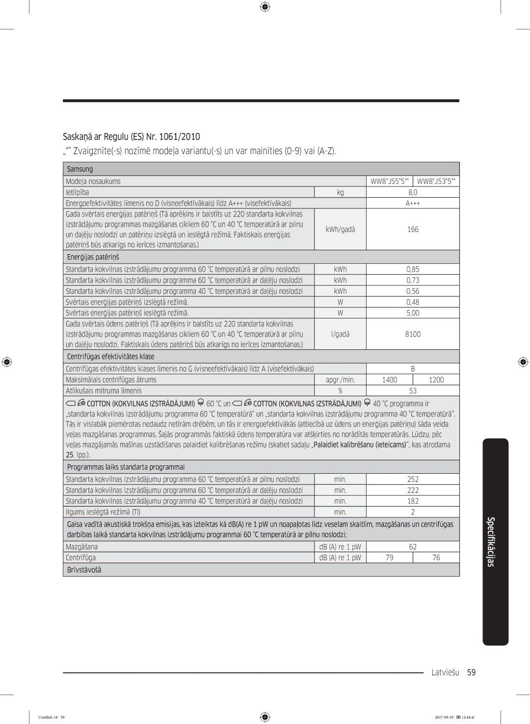 Samsung WW70J5355MW/AD, WW70J5355FW/AD manual Latviešu 59  